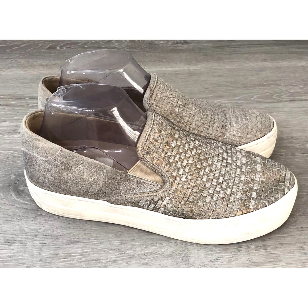 J/Slides NYC Women's Sneaker Leather Beige Metallic 9 Woven Slip On Casual Shoes